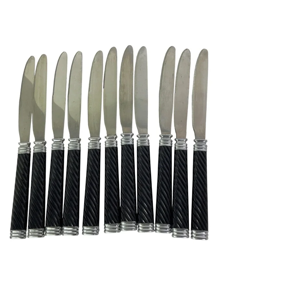 Vtg Stainless Taiwan Black Spiral Handle Flatware Set 30 Knives Forks Spoon MCMs